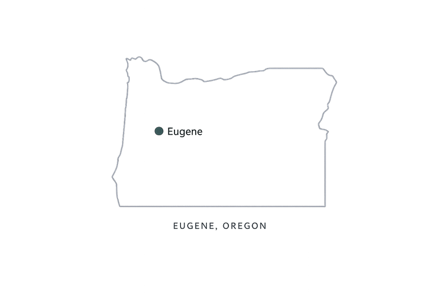 Outline map of Oregon with Eugene marked.